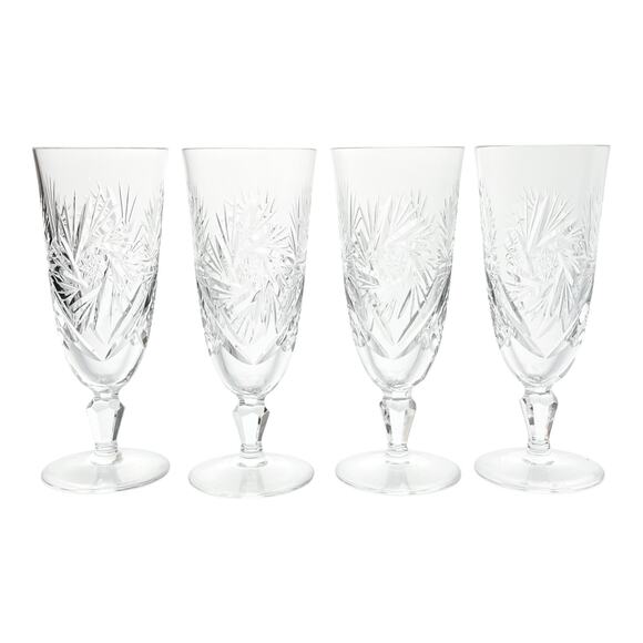 1950s Vintage Swirl Star & Fan Cut 4 Crystal Fluted Champagne Glasses 7” 8oz - Picture 1 of 8